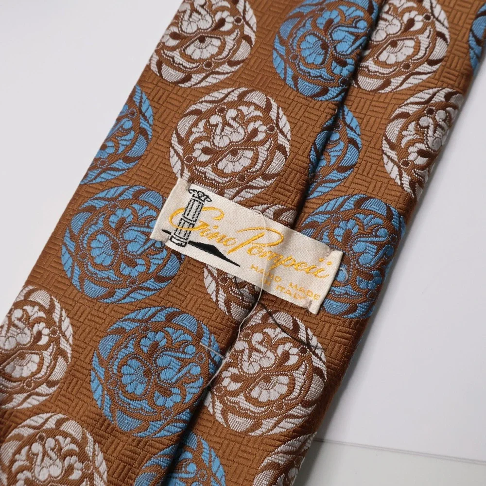 Gino Pompeii Vintage Brown Blue Floral Medallion Tie Italy Wide Retro Groovy VTG
